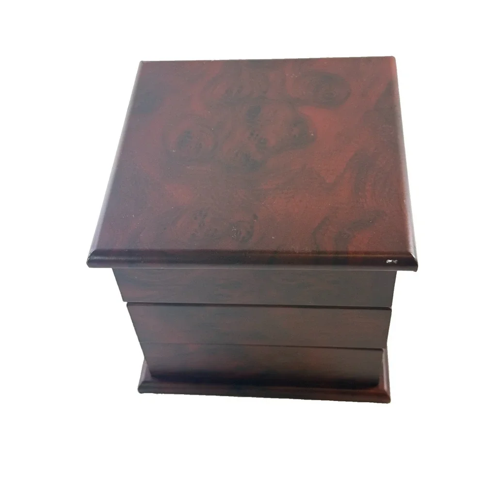 Vintage Wooden 3 Tier Swivel Jewelry Box Faux Burlwood Rotating Storage Chest